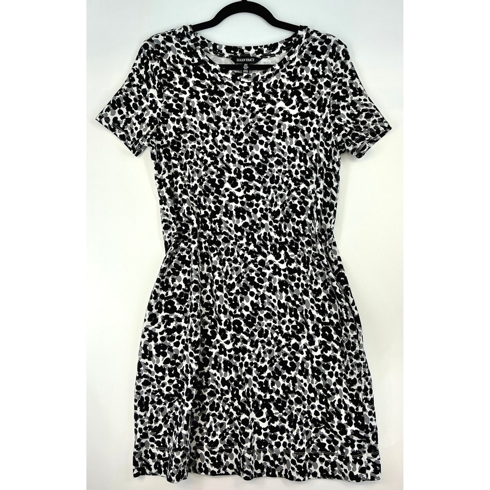 Ellen Tracy Black White Leopard Print Short Sleeve T-shirt Dress Pockets Sz‎ M